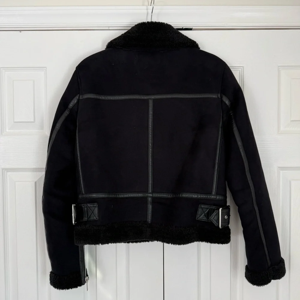 Zara Black Faux Suede Shearling Biker Jacket, Size Medium - Picture 3 of 3
